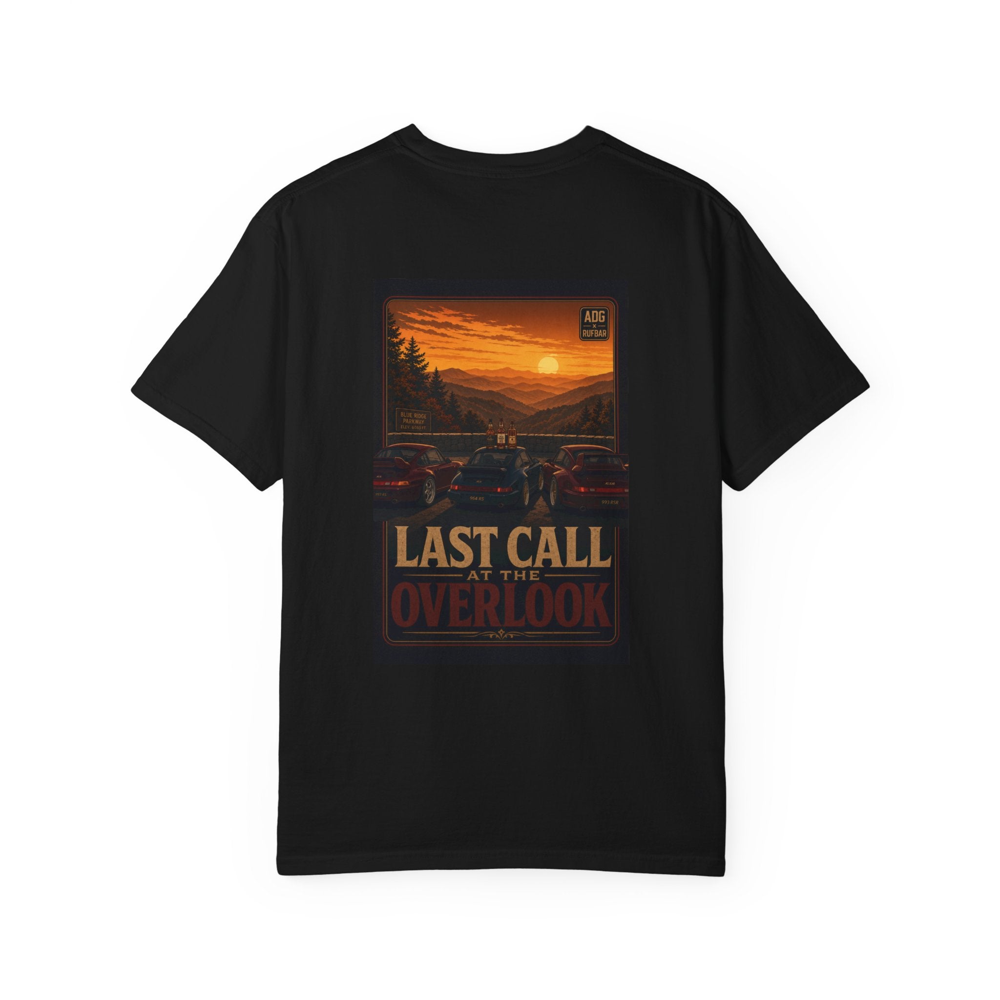RUFBAR last call sunset Logo T-Shirt — Small Chest Emblem Graphic Tee