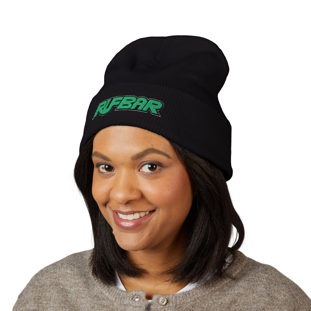 Embroidered 'RUFBAR' Cuffed Beanie — Cozy Knit Winter Hat