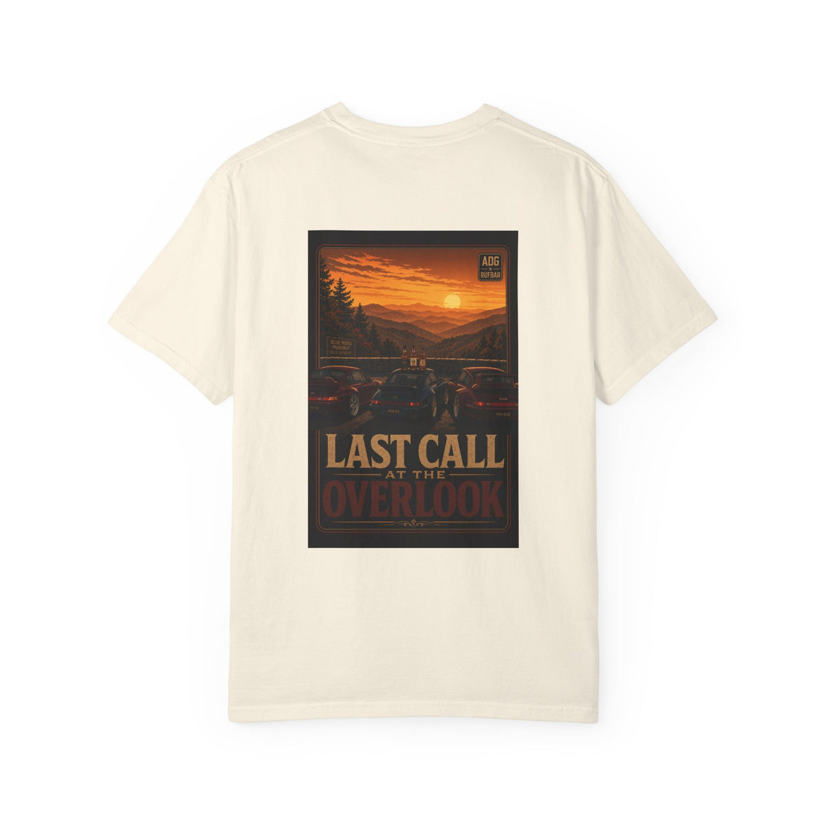 RUFBAR last call sunset Logo T-Shirt — Small Chest Emblem Graphic Tee