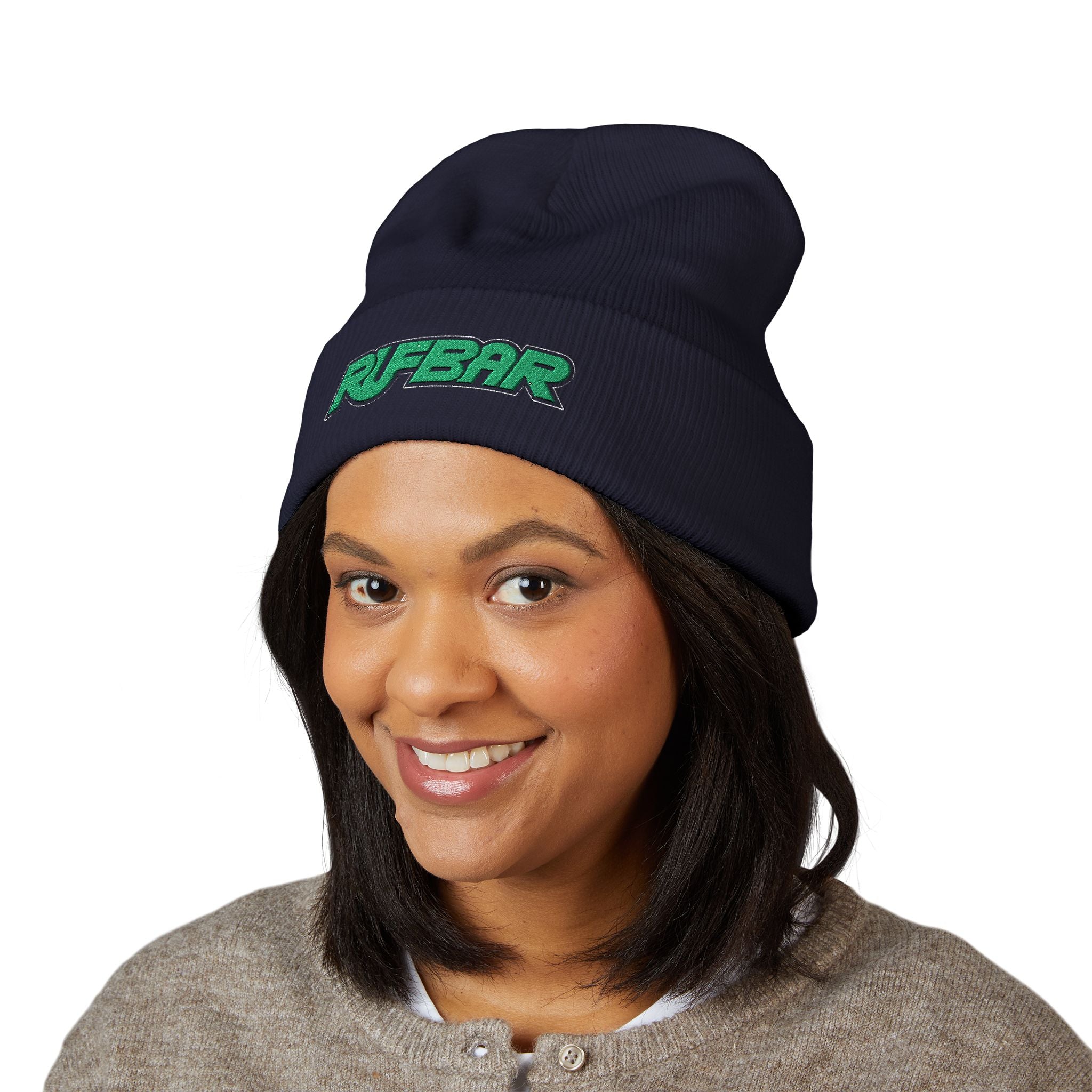 Embroidered 'RUFBAR' Cuffed Beanie — Cozy Knit Winter Hat