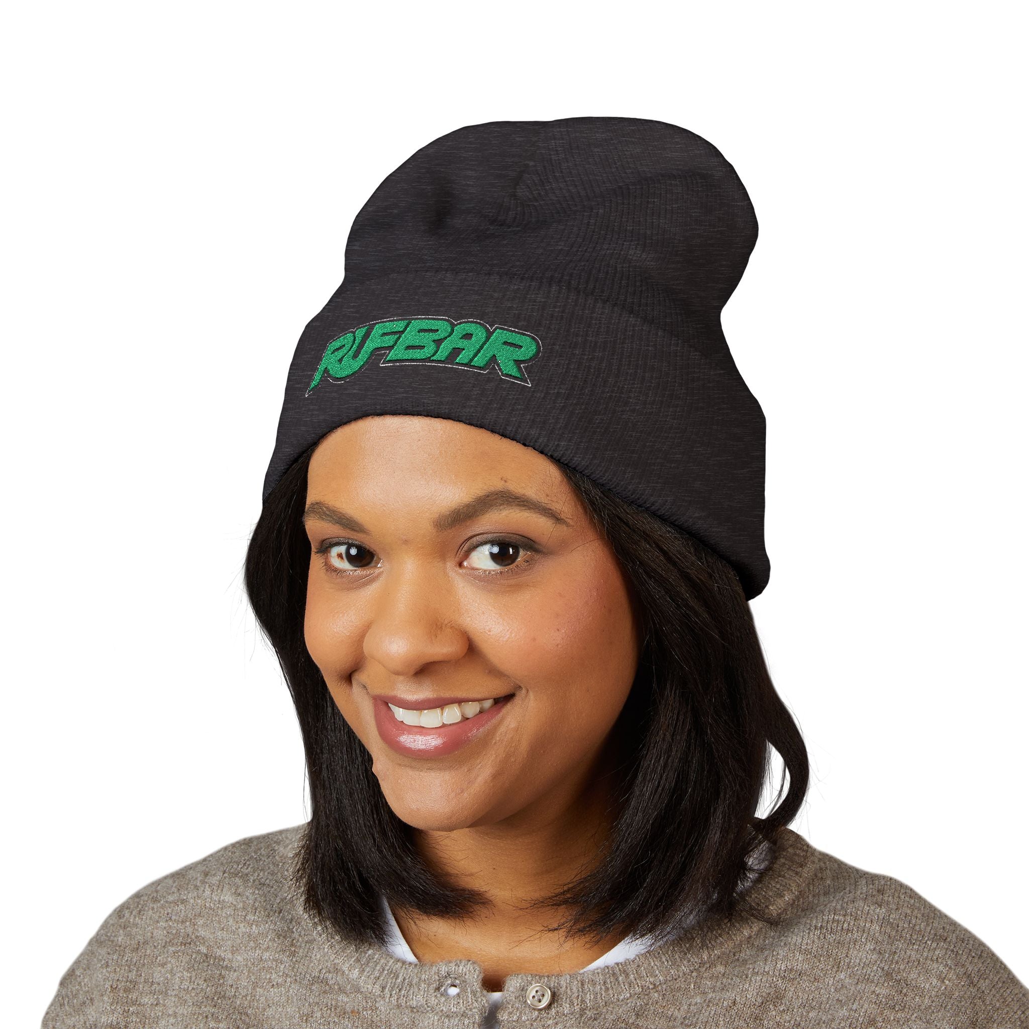 Embroidered 'RUFBAR' Cuffed Beanie — Cozy Knit Winter Hat