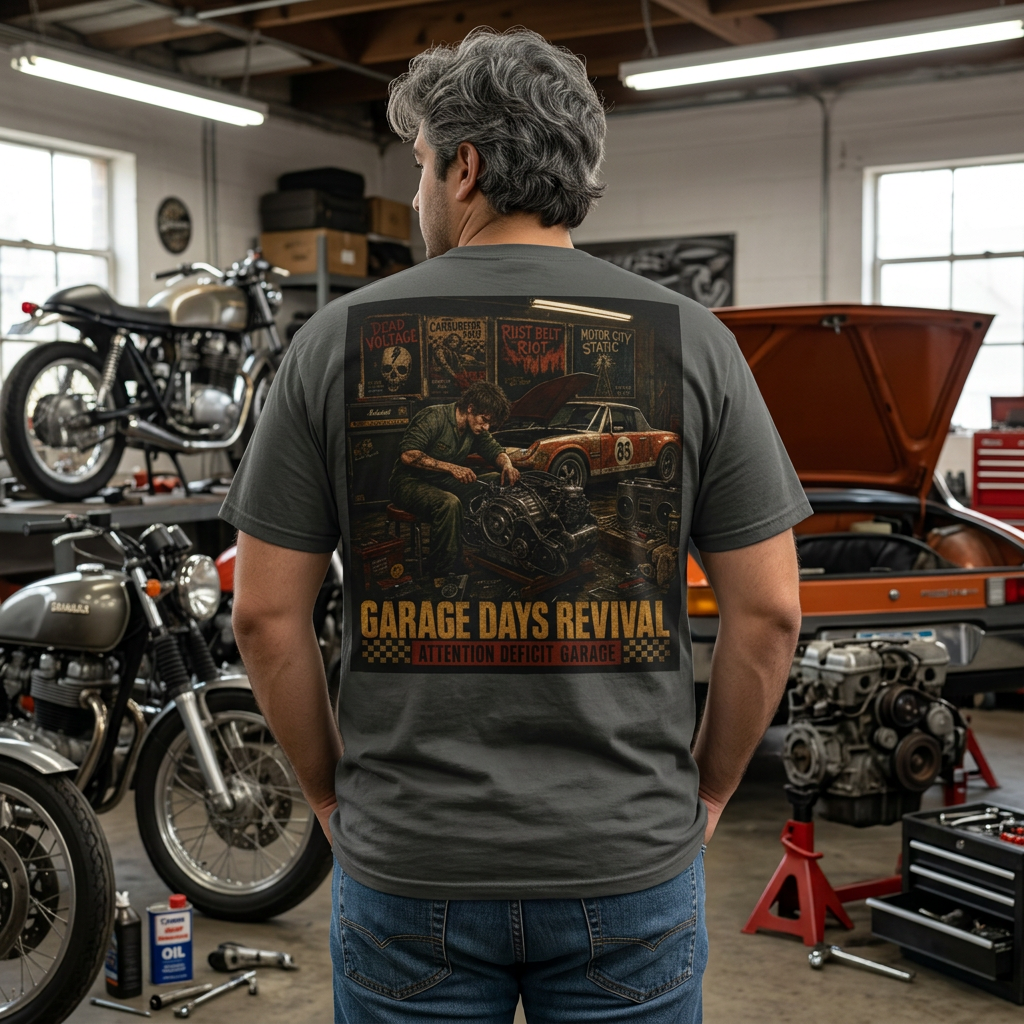 Garage Days Revival T-Shirt — Vintage Muscle Car & Mechanic Retro Tee