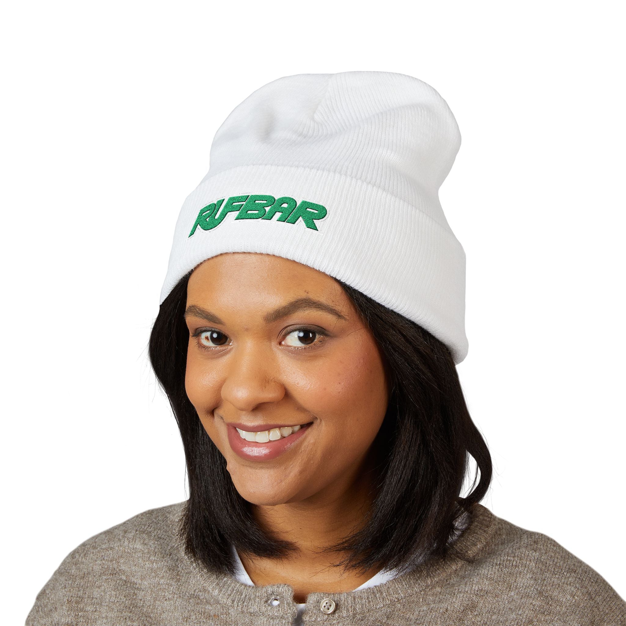Embroidered 'RUFBAR' Cuffed Beanie — Cozy Knit Winter Hat