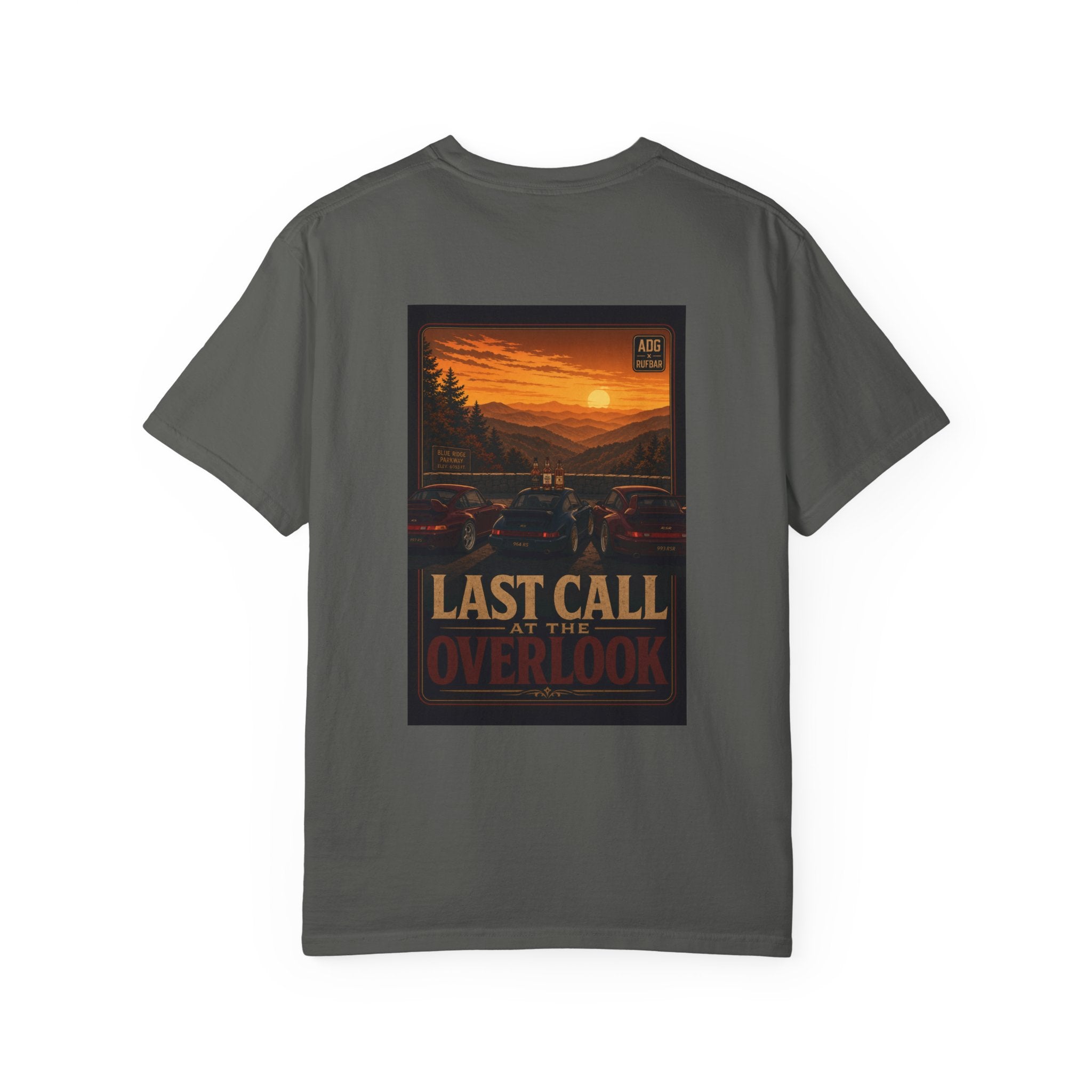 RUFBAR last call sunset Logo T-Shirt — Small Chest Emblem Graphic Tee
