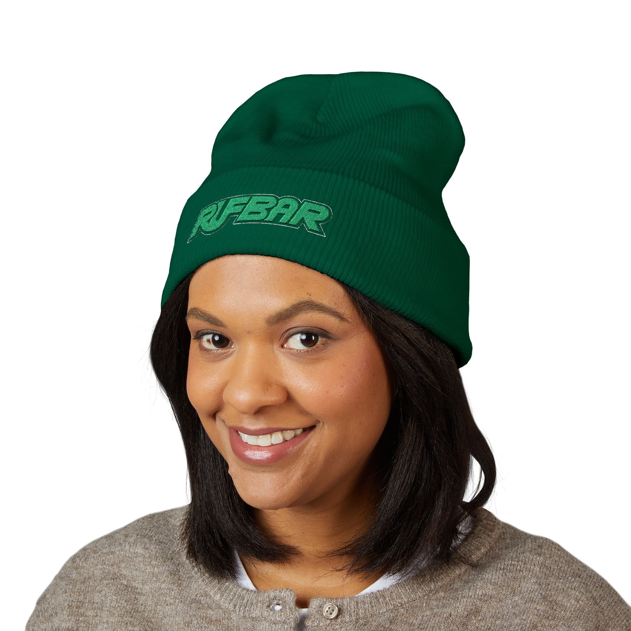 Embroidered 'RUFBAR' Cuffed Beanie — Cozy Knit Winter Hat