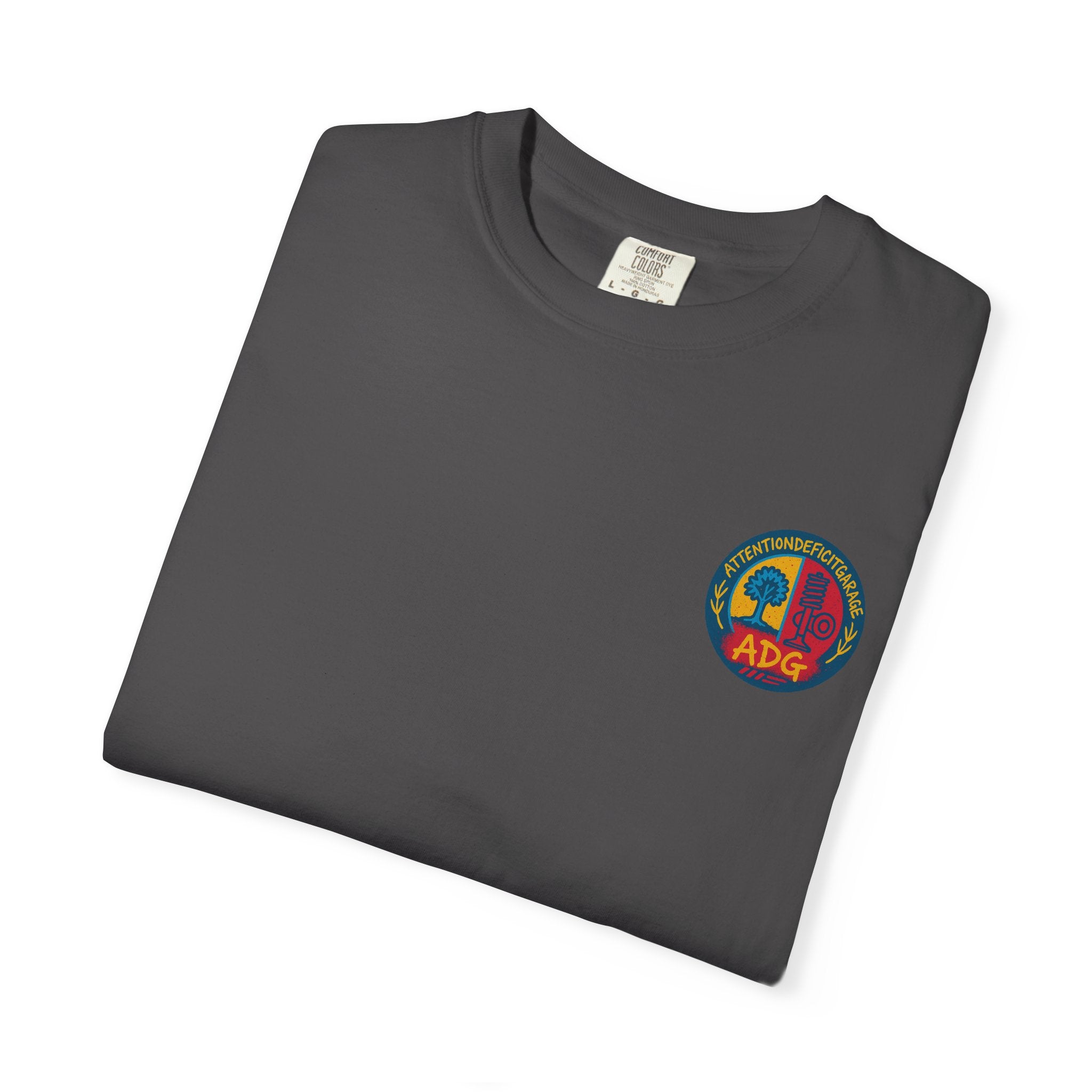 ADG Crest Front / Project Car Status Back Tee – Full Print by Attention Deficit Garage