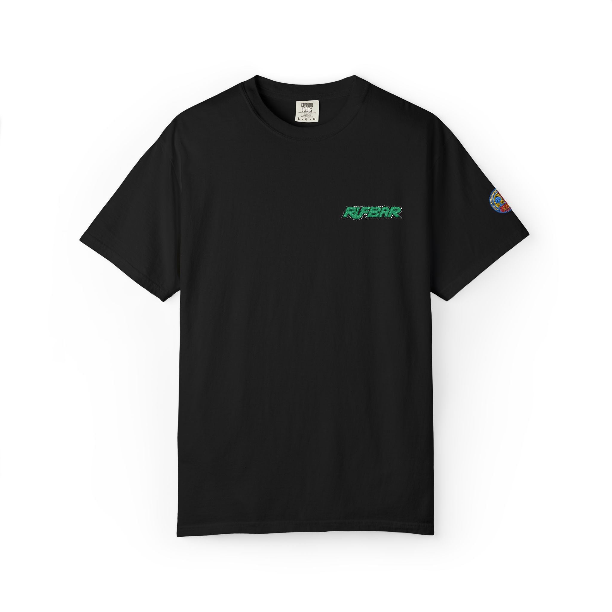 RUFBAR Embroidered Logo T-Shirt — Small Green Chest & Sleeve Patch Graphic