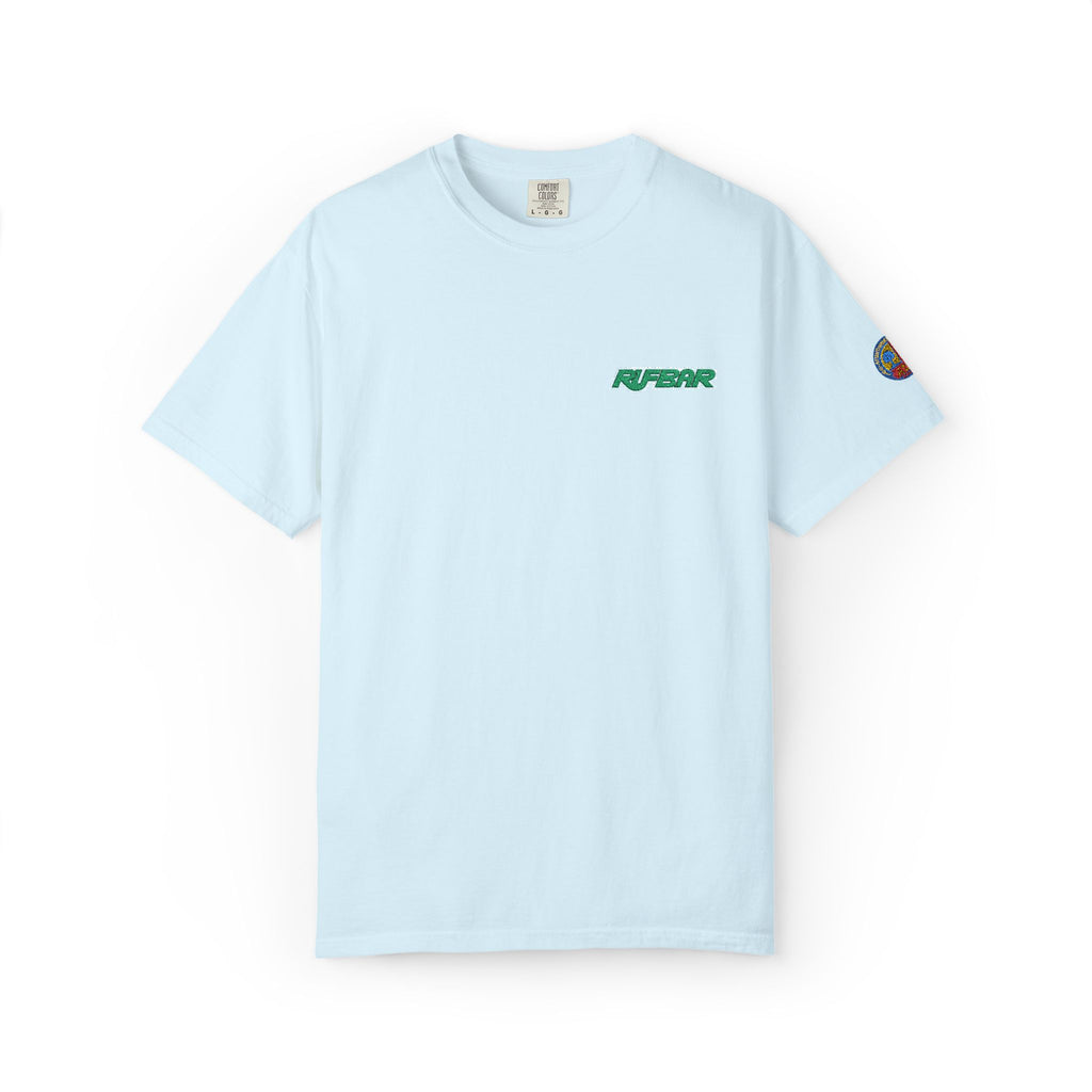 RUFBAR Embroidered Logo T-Shirt — Small Green Chest & Sleeve Patch Graphic