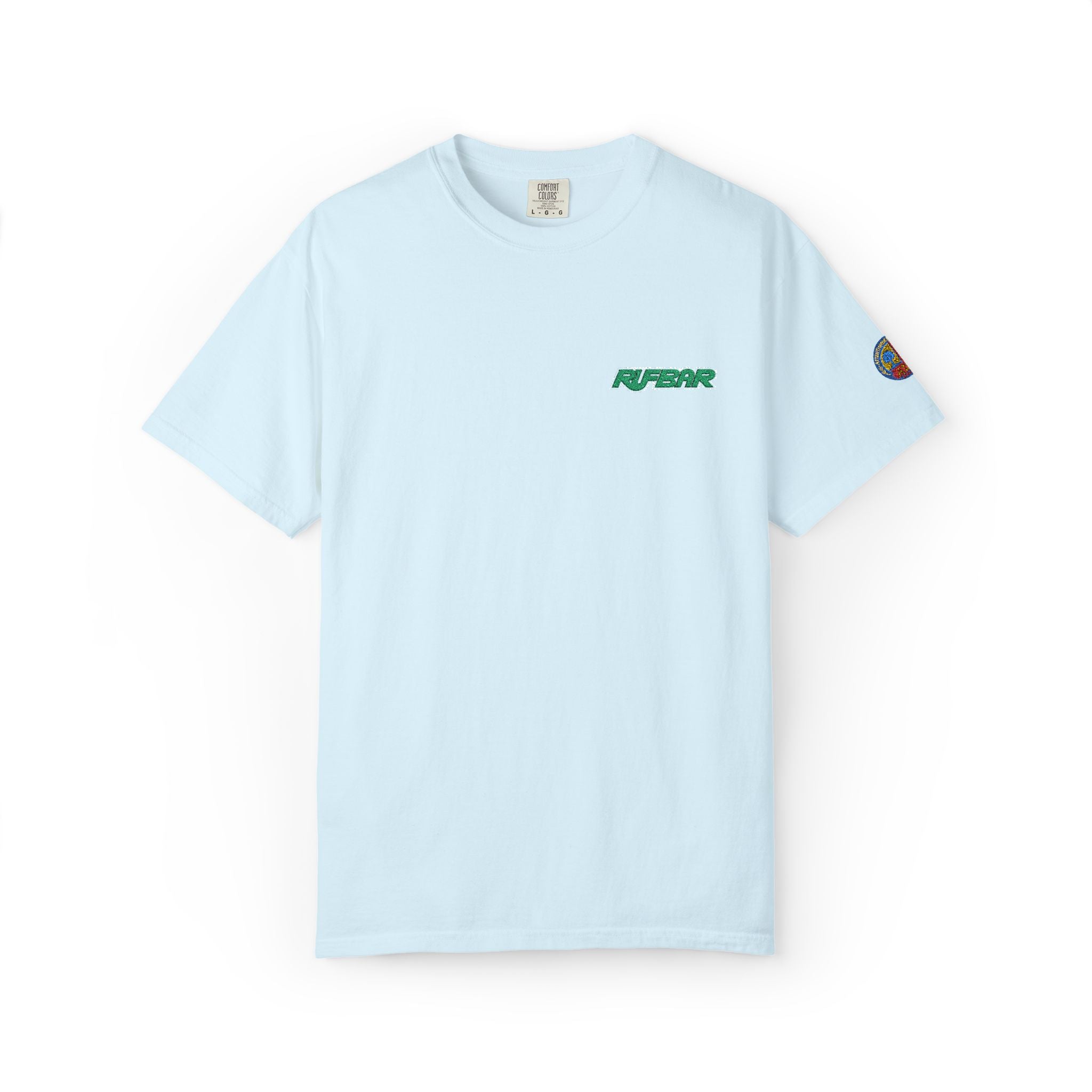 RUFBAR Embroidered Logo T-Shirt — Small Green Chest & Sleeve Patch Graphic
