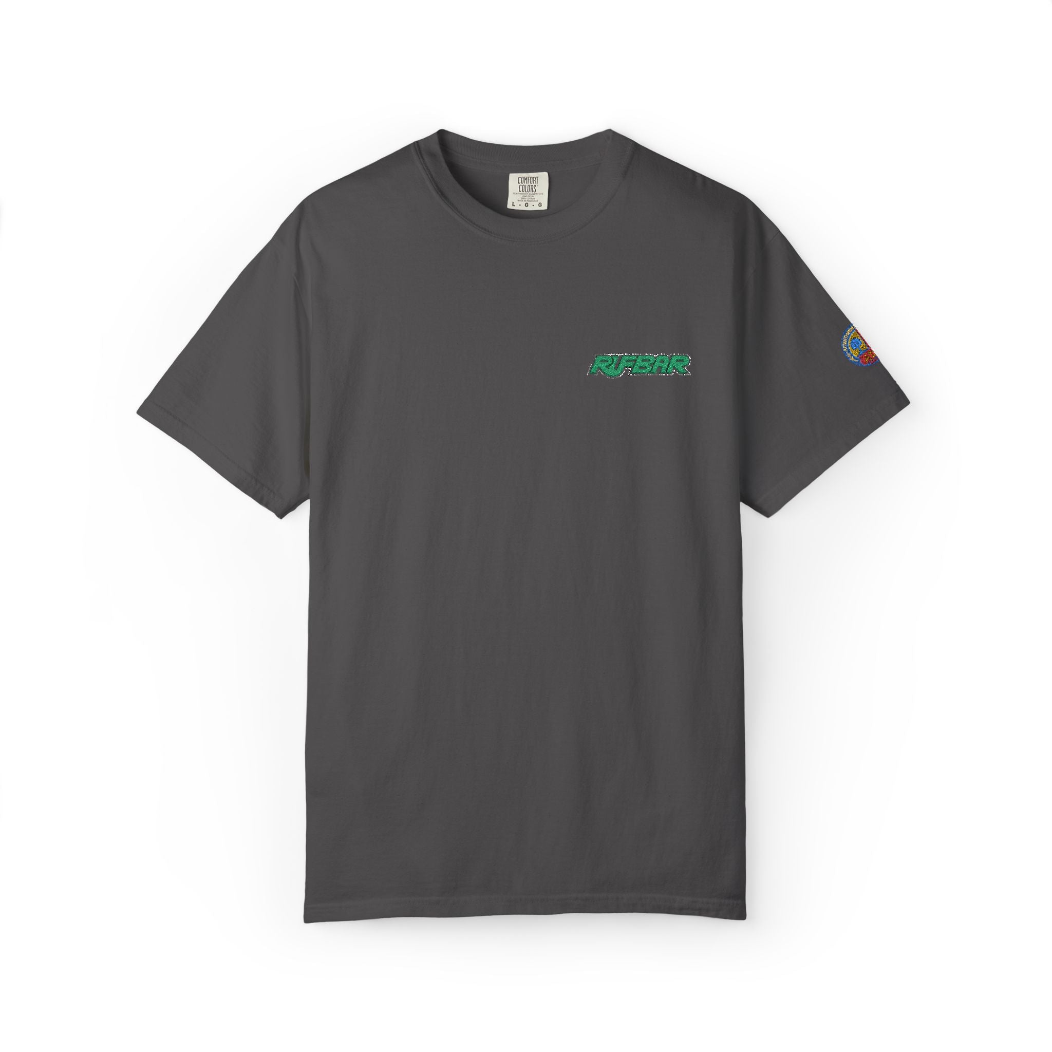 RUFBAR Embroidered Logo T-Shirt — Small Green Chest & Sleeve Patch Graphic