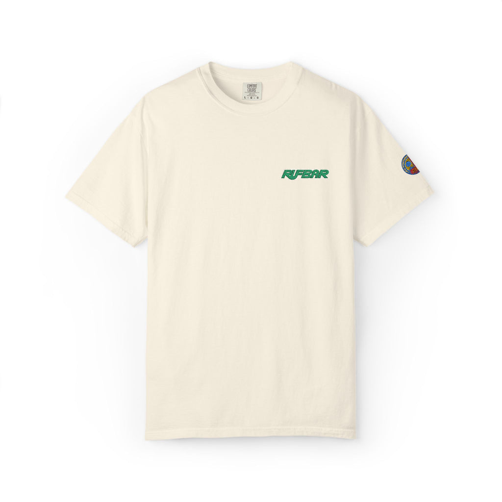 RUFBAR Embroidered Logo T-Shirt — Small Green Chest & Sleeve Patch Graphic