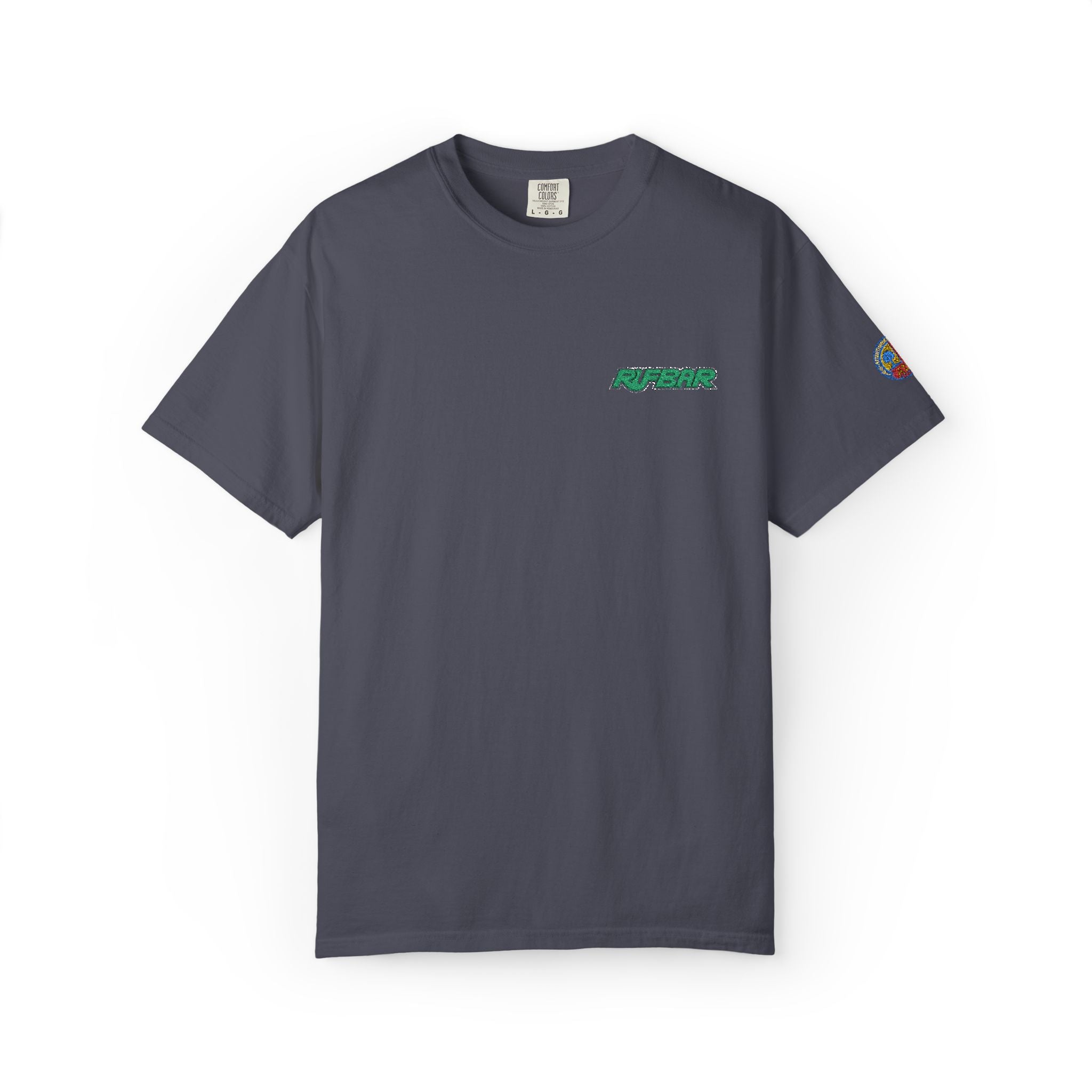 RUFBAR Embroidered Logo T-Shirt — Small Green Chest & Sleeve Patch Graphic